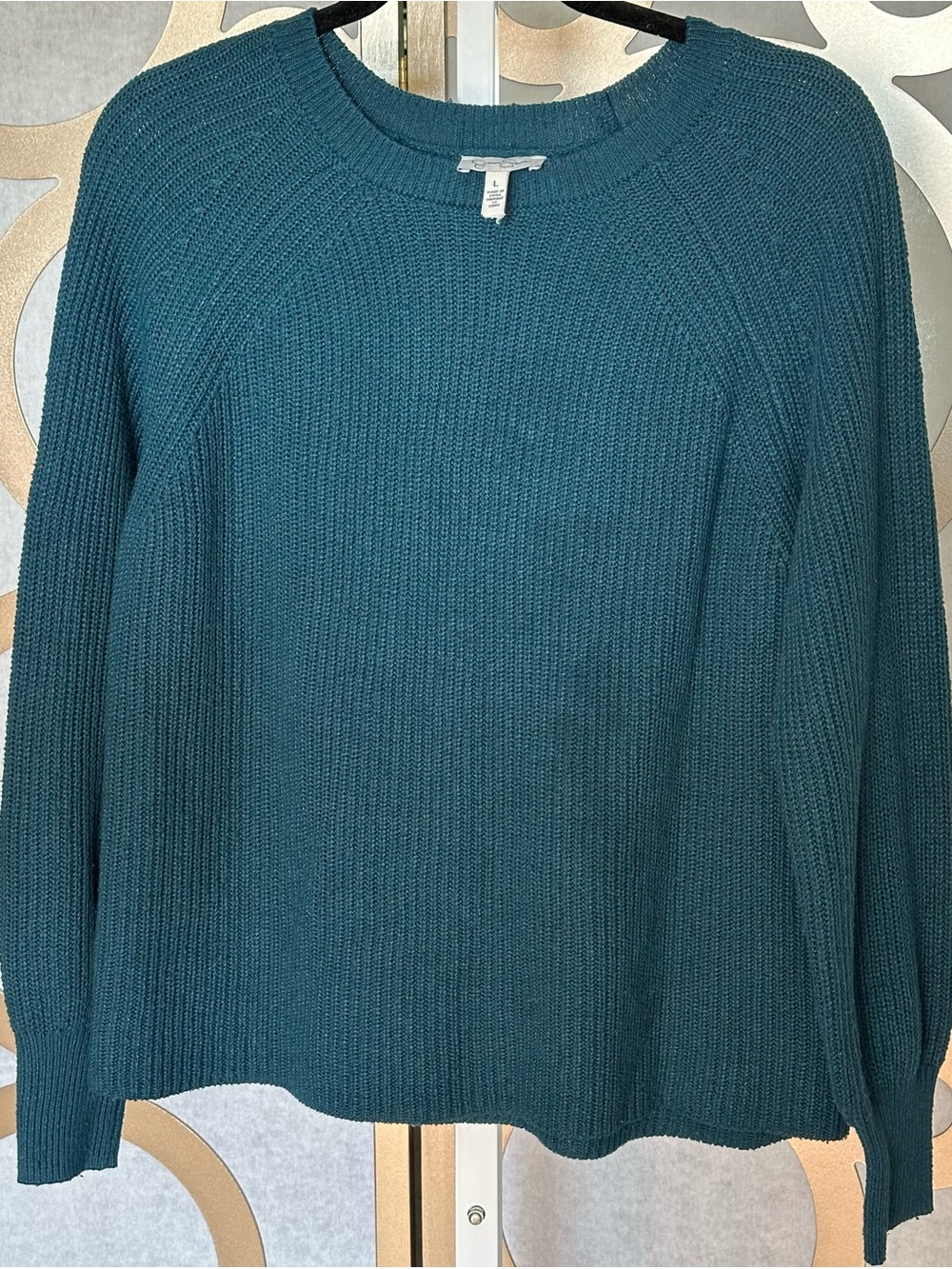 Jessica Simpson Teal Chunky Knit Sweater Large Balloon Sleeve Cozy Fall
